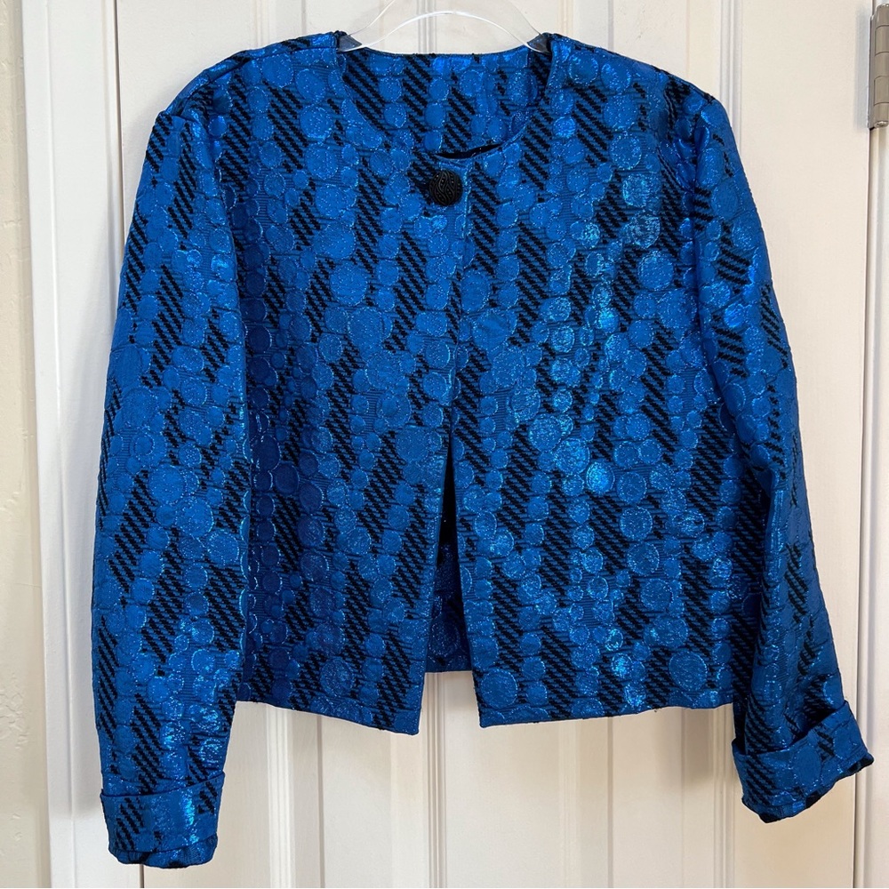 Blue Metallic Geometric Mod Blazer Vintage Handmade Holiday NYE Party Glam - Picture 3 of 9
